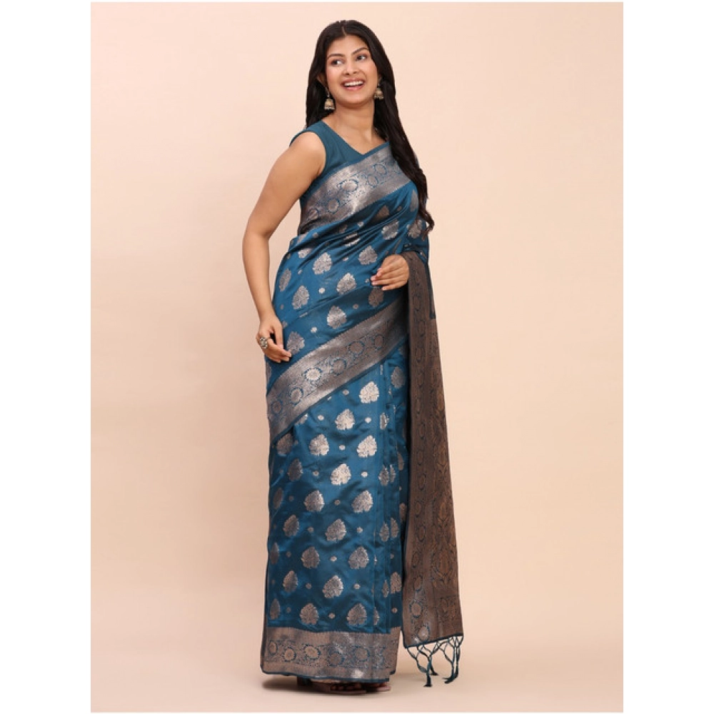 generic women's banarasi silk printed saree with unstitched blouse 5.5mtr (teal blue) generic women's banarasi silk printed saree with unstitched blouse 5.5mtr (teal blue)