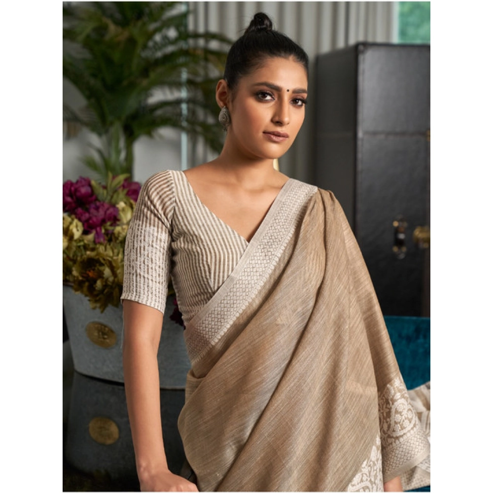 generic women's linen printed saree with unstitched blouse 5.5mtr (beige) generic women's linen printed saree with unstitched blouse 5.5mtr (beige)