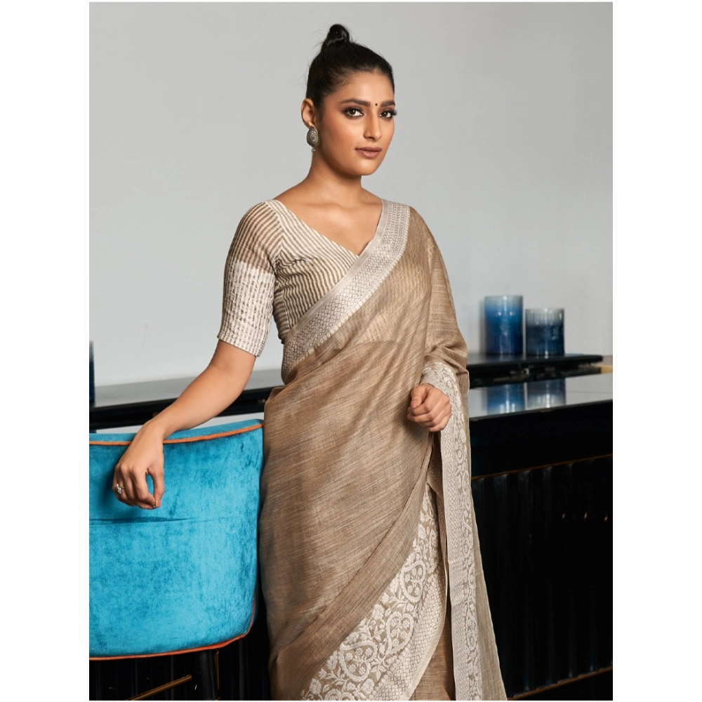 generic women's linen printed saree with unstitched blouse 5.5mtr (beige) generic women's linen printed saree with unstitched blouse 5.5mtr (beige)