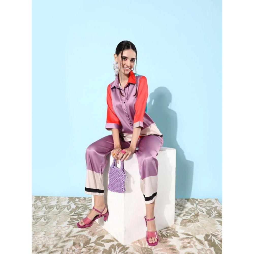 generic women's satin colour block long sleeves co ord set (multicolor) generic women's satin colour block long sleeves co ord set (multicolor)