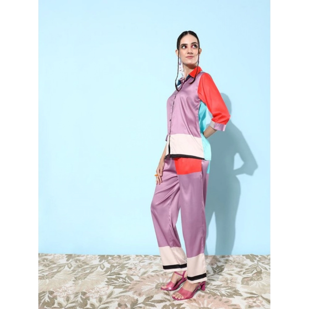 generic women's satin colour block long sleeves co ord set (multicolor) generic women's satin colour block long sleeves co ord set (multicolor)