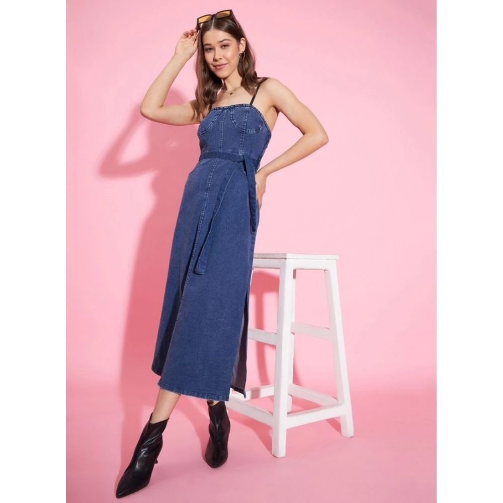 generic women's denim solid shoulder straps dress (blue) generic women's denim solid shoulder straps dress (blue)