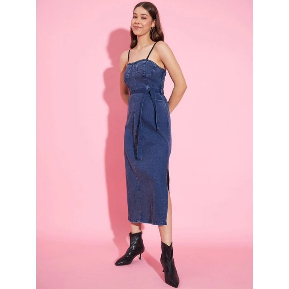 generic women's denim solid shoulder straps dress (blue) generic women's denim solid shoulder straps dress (blue)