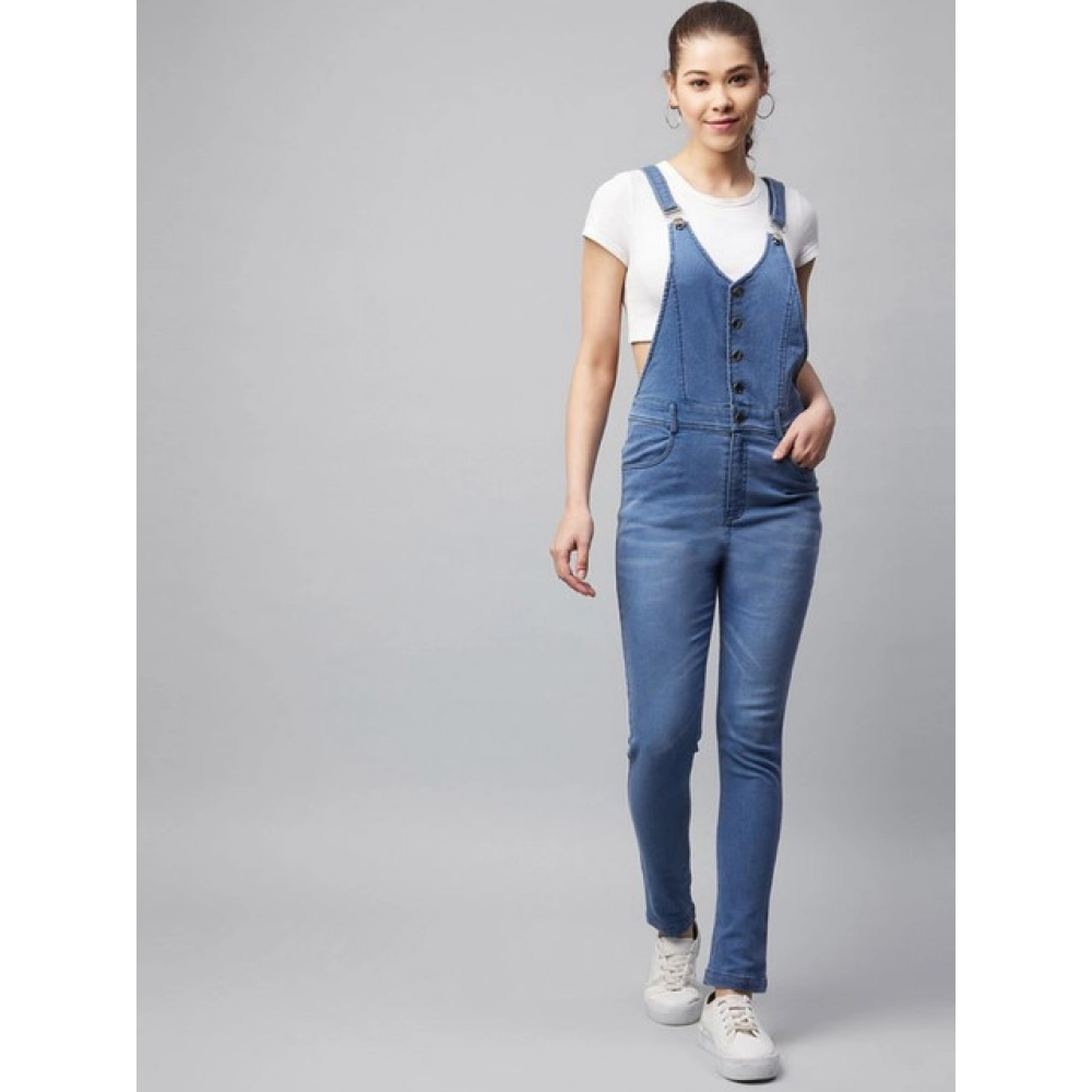 generic women's denim lycra solid buttoned dungaree (ice blue) generic women's denim lycra solid buttoned dungaree (ice blue)