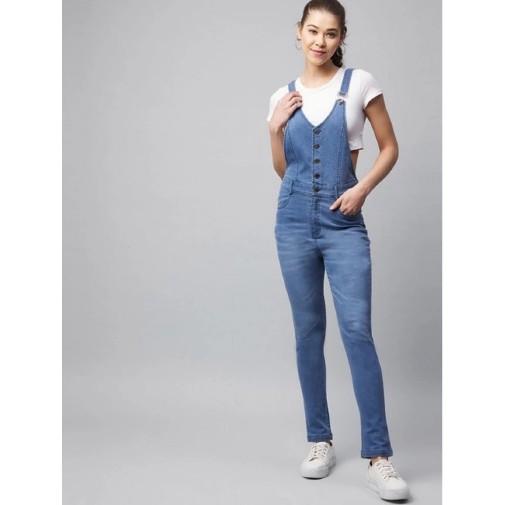 generic women's denim lycra solid buttoned dungaree (ice blue) generic women's denim lycra solid buttoned dungaree (ice blue)