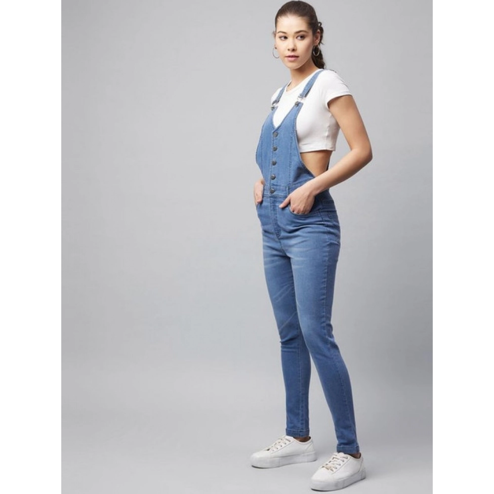 generic women's denim lycra solid buttoned dungaree (ice blue) generic women's denim lycra solid buttoned dungaree (ice blue)