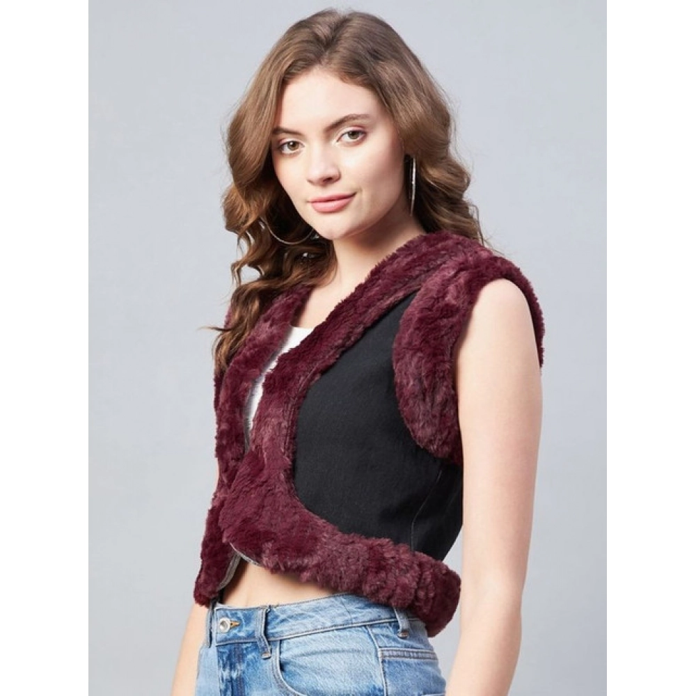 generic women's denim and fur solid sleeveless shrug (black maroon) generic women's denim and fur solid sleeveless shrug (black maroon)