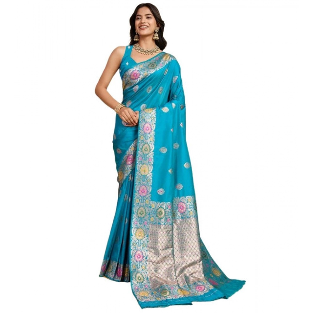 generic women's faux banarasi silk woven saree with unstitched blouse 5.5mtr (turquoise) generic women's faux banarasi silk woven saree with unstitched blouse 5.5mtr (turquoise)