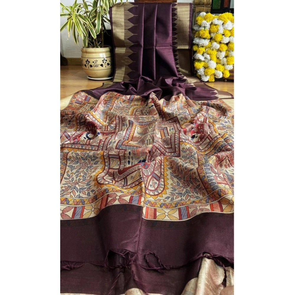 generic women's tussar silk madhubani saree with unstitched blouse 5.5mtr (coffee) generic women's tussar silk madhubani saree with unstitched blouse 5.5mtr (coffee)