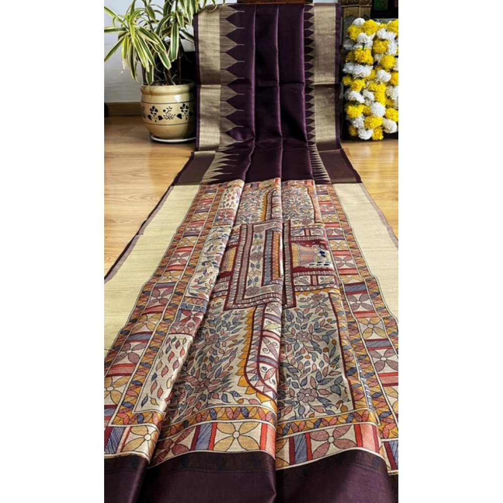 generic women's tussar silk madhubani saree with unstitched blouse 5.5mtr (coffee) generic women's tussar silk madhubani saree with unstitched blouse 5.5mtr (coffee)