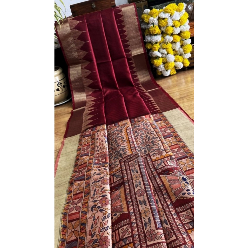 generic women's tussar silk madhubani saree with unstitched blouse 5.5mtr (maroon) generic women's tussar silk madhubani saree with unstitched blouse 5.5mtr (maroon)
