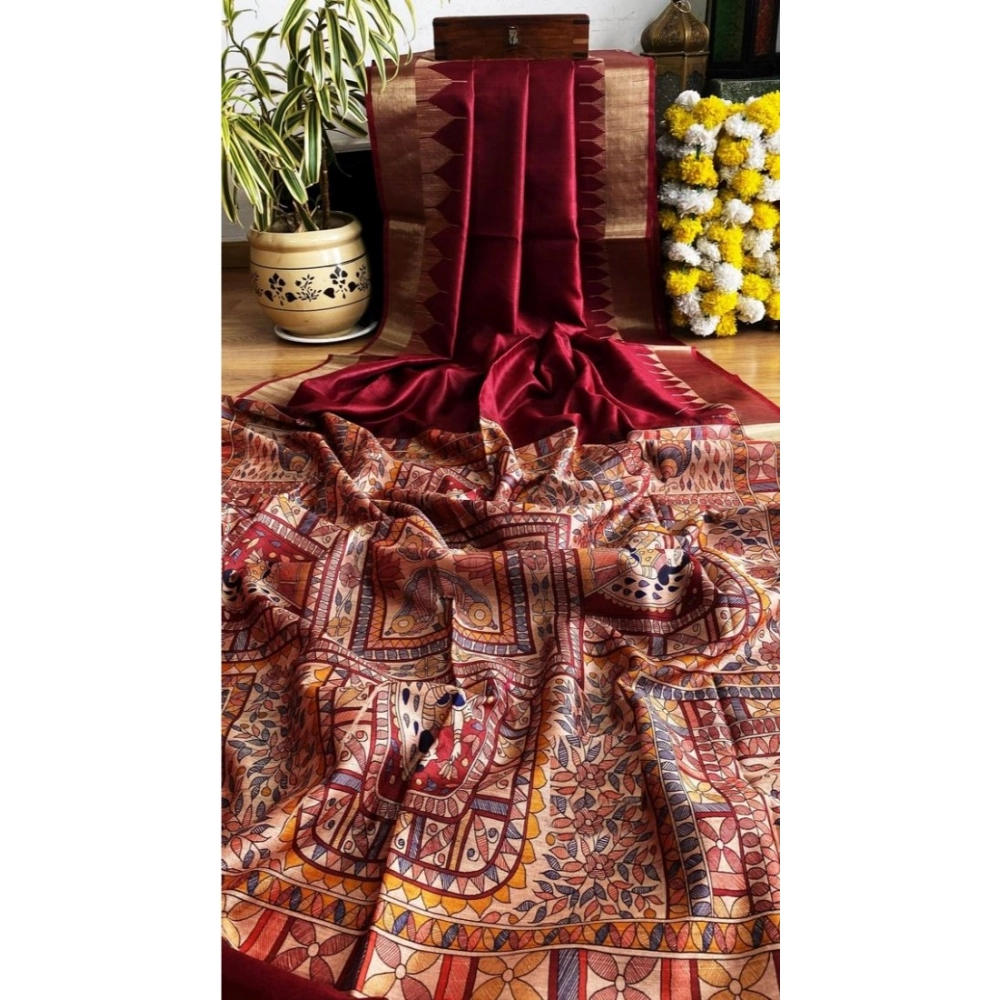 generic women's tussar silk madhubani saree with unstitched blouse 5.5mtr (maroon) generic women's tussar silk madhubani saree with unstitched blouse 5.5mtr (maroon)
