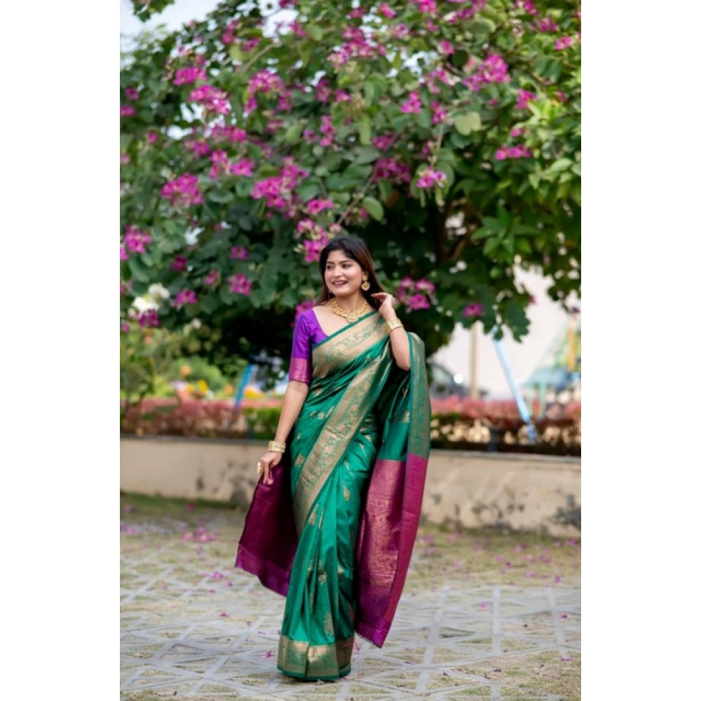 generic women's katan silk zari weaving saree with unstitched blouse 5.5mtr (dark green) generic women's katan silk zari weaving saree with unstitched blouse 5.5mtr (dark green)