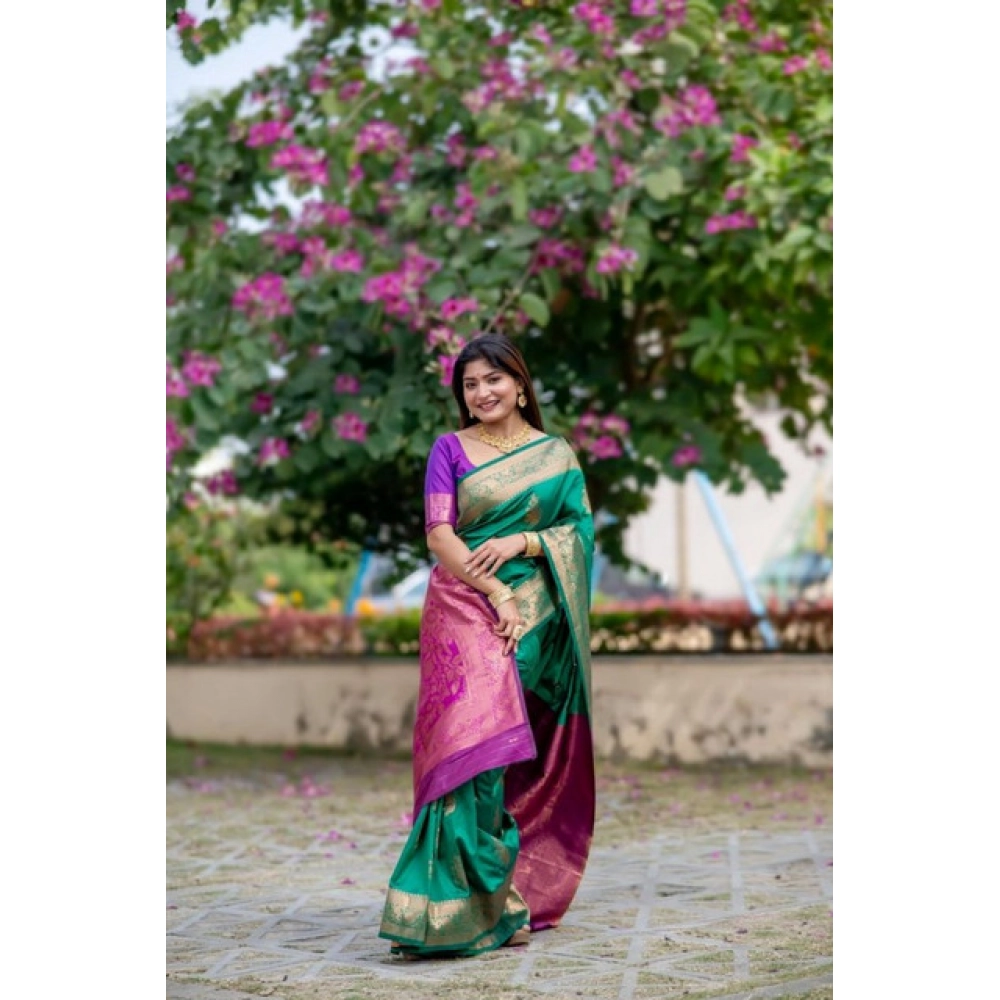 generic women's katan silk zari weaving saree with unstitched blouse 5.5mtr (dark green) generic women's katan silk zari weaving saree with unstitched blouse 5.5mtr (dark green)