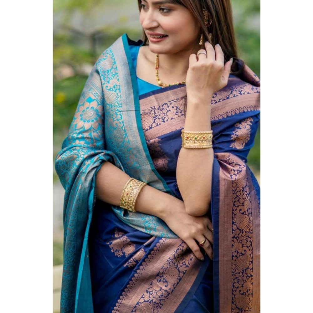 generic women's katan silk zari weaving saree with unstitched blouse 5.5mtr (navy blue) generic women's katan silk zari weaving saree with unstitched blouse 5.5mtr (navy blue)