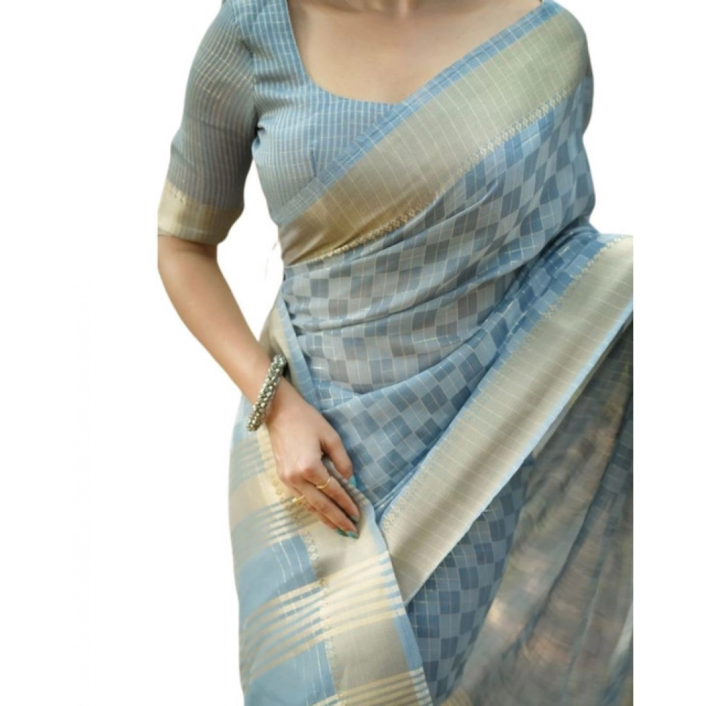 generic women's silk blend checked saree with unstitched blouse 5.5mtr (sky blue) generic women's silk blend checked saree with unstitched blouse 5.5mtr (sky blue)
