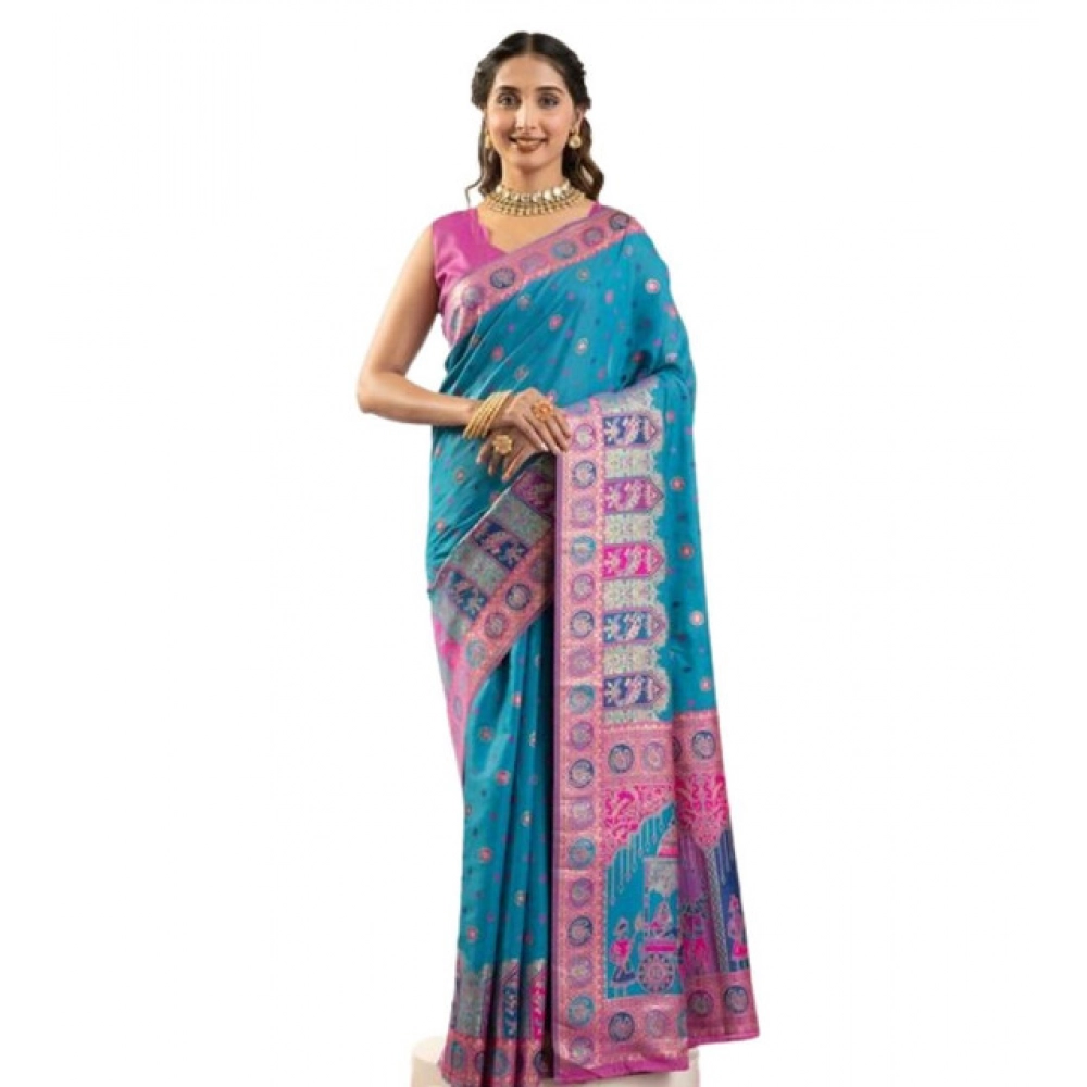 generic women's faux banarasi woven motifs saree with unstitched blouse 5.5mtr (teal) generic women's faux banarasi woven motifs saree with unstitched blouse 5.5mtr (teal)