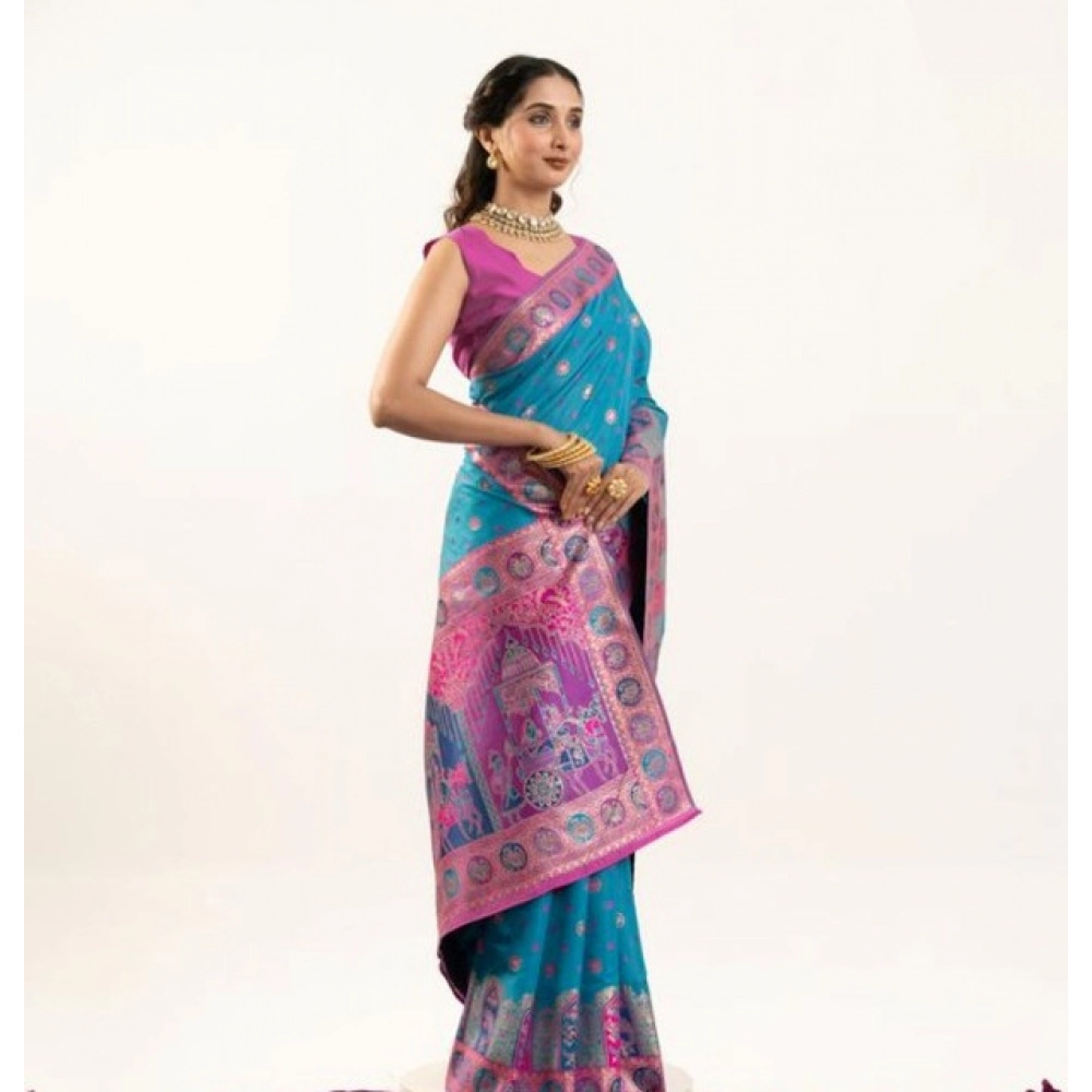 generic women's faux banarasi woven motifs saree with unstitched blouse 5.5mtr (teal) generic women's faux banarasi woven motifs saree with unstitched blouse 5.5mtr (teal)