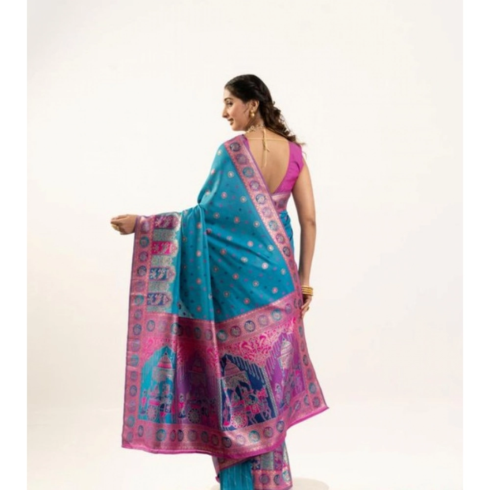 generic women's faux banarasi woven motifs saree with unstitched blouse 5.5mtr (teal) generic women's faux banarasi woven motifs saree with unstitched blouse 5.5mtr (teal)