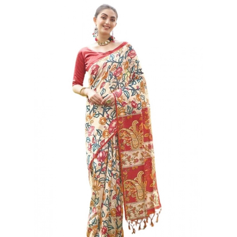 generic women's faux tussar kalamkari print saree with unstitched blouse 5.5mtr (red) generic women's faux tussar kalamkari print saree with unstitched blouse 5.5mtr (red)