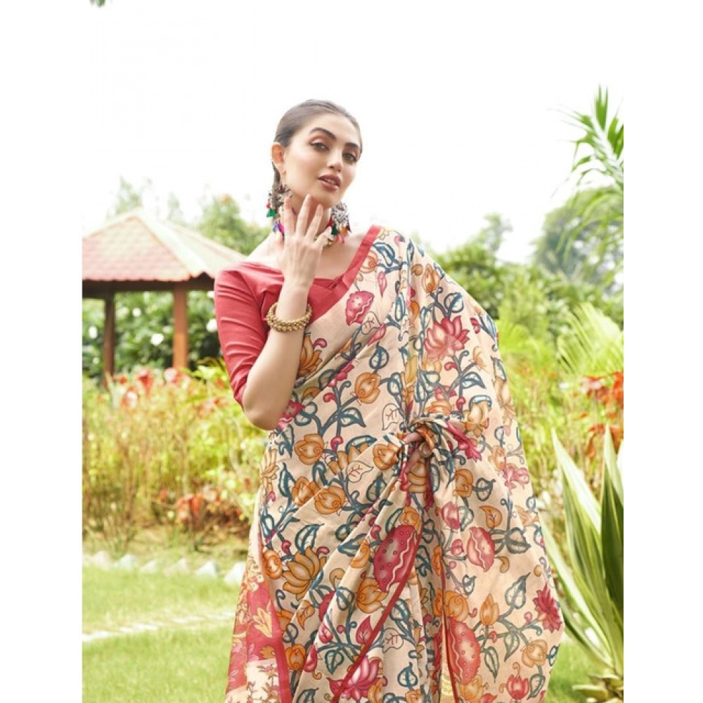generic women's faux tussar kalamkari print saree with unstitched blouse 5.5mtr (red) generic women's faux tussar kalamkari print saree with unstitched blouse 5.5mtr (red)