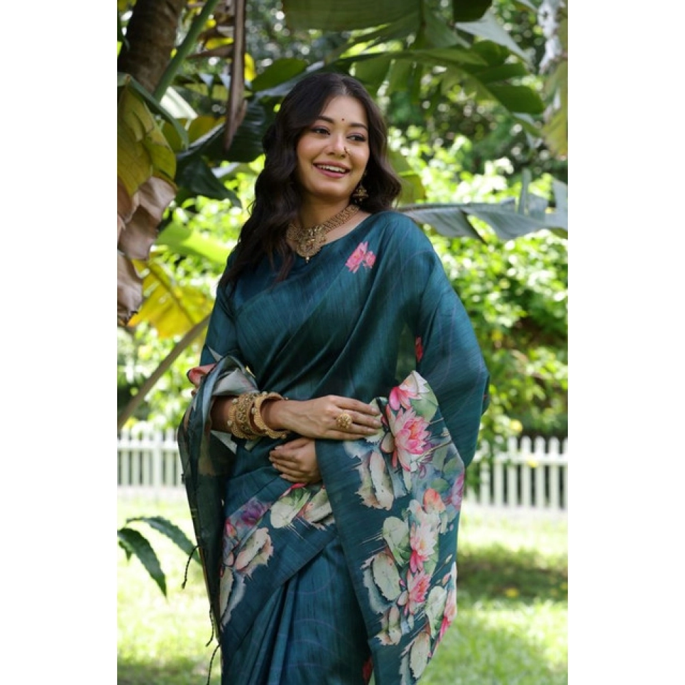 generic women's faux tussar floral saree with unstitched blouse 5.5mtr (teal) generic women's faux tussar floral saree with unstitched blouse 5.5mtr (teal)