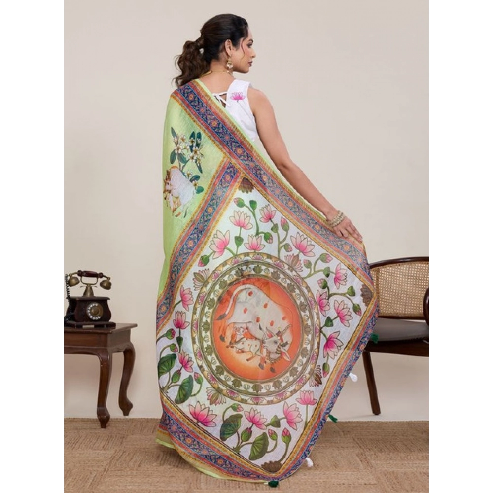 generic women's linen floral printed saree with unstitched blouse 5.5mtr (light green) generic women's linen floral printed saree with unstitched blouse 5.5mtr (light green)