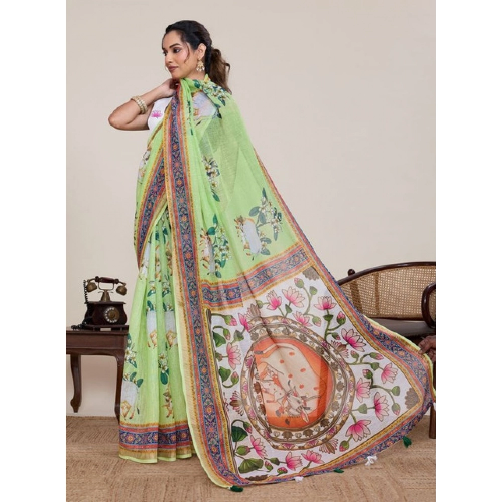 generic women's linen floral printed saree with unstitched blouse 5.5mtr (light green) generic women's linen floral printed saree with unstitched blouse 5.5mtr (light green)