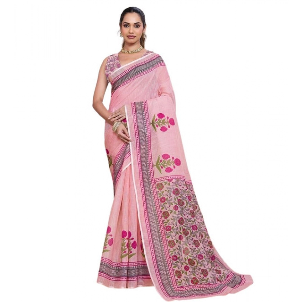 generic women's linen floral printed saree with unstitched blouse 5.5mtr (pink) generic women's linen floral printed saree with unstitched blouse 5.5mtr (pink)