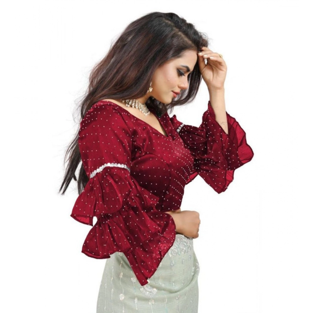 generic women's organza solid v neck layered ruffle sleeve readymade blouse (maroon free size , up to 38–40 bust) pid65854 generic women's organza solid v neck layered ruffle sleeve readymade blouse (maroon free size , up to 38–40 bust) pid65854