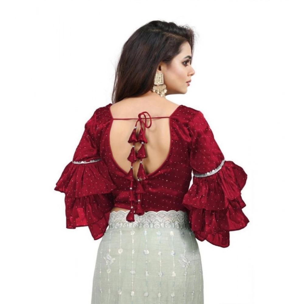 generic women's organza solid v neck layered ruffle sleeve readymade blouse (maroon free size , up to 38–40 bust) pid65854 generic women's organza solid v neck layered ruffle sleeve readymade blouse (maroon free size , up to 38–40 bust) pid65854