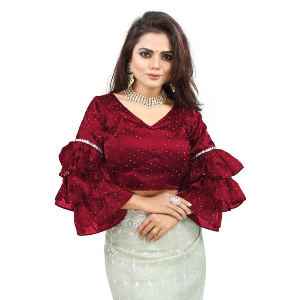 generic women's organza solid v neck layered ruffle sleeve readymade blouse (maroon free size , up to 38–40 bust) pid65854 generic women's organza solid v neck layered ruffle sleeve readymade blouse (maroon free size , up to 38–40 bust) pid65854