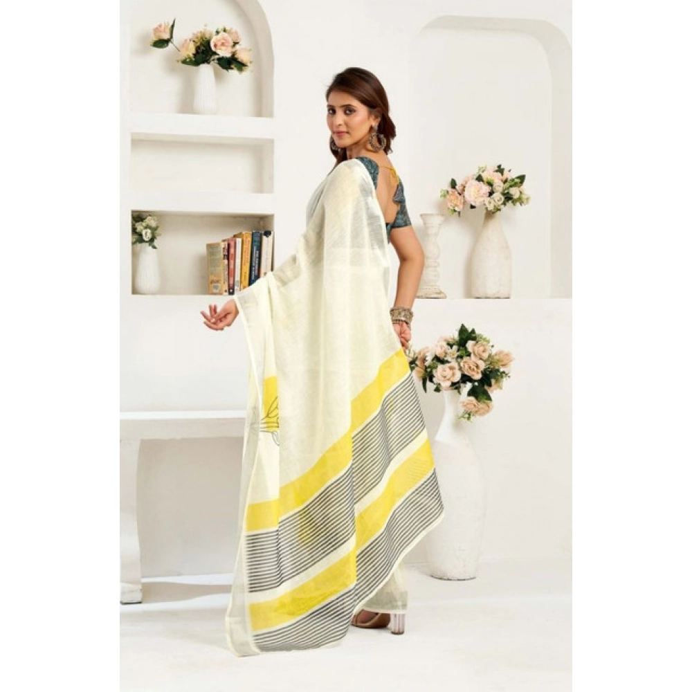 generic women's faux linen floral print ready to wear saree with unstitched blouse 5.5mtr (off white) generic women's faux linen floral print ready to wear saree with unstitched blouse 5.5mtr (off white)