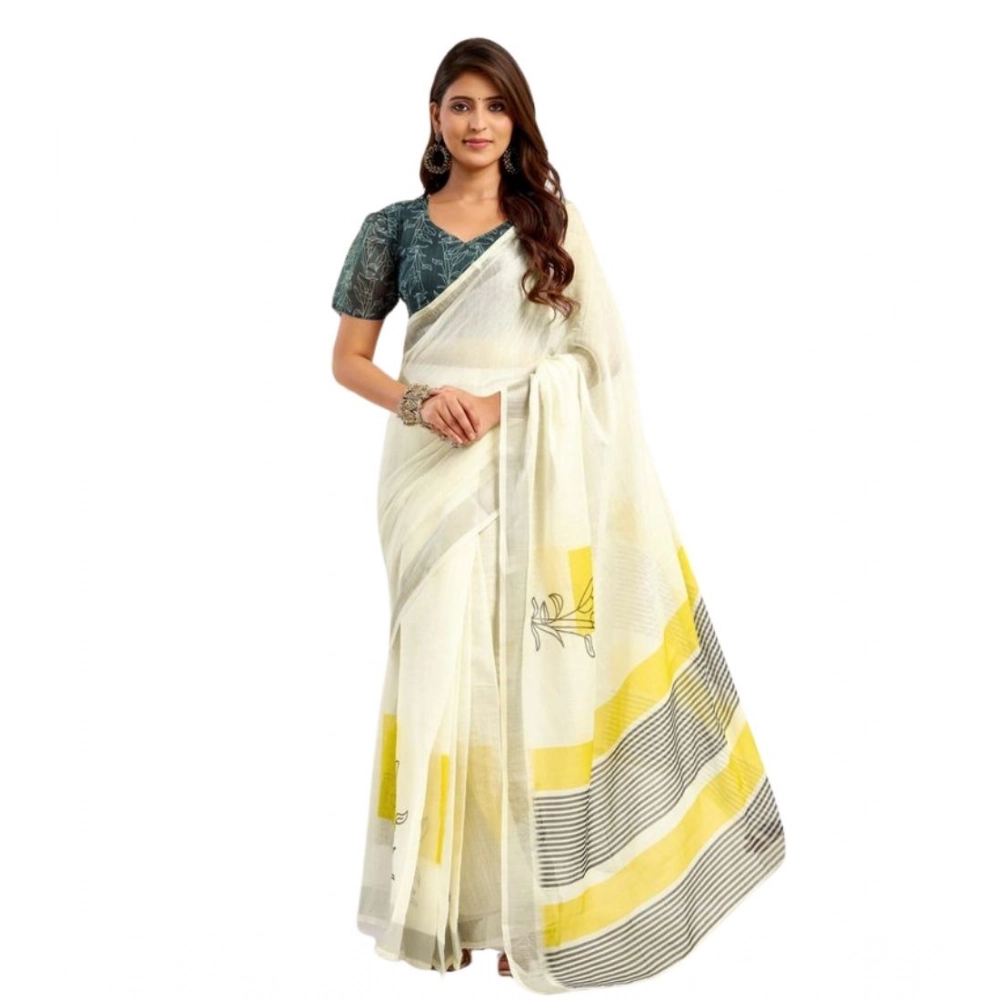 generic women's faux linen floral print ready to wear saree with unstitched blouse 5.5mtr (off white) generic women's faux linen floral print ready to wear saree with unstitched blouse 5.5mtr (off white)