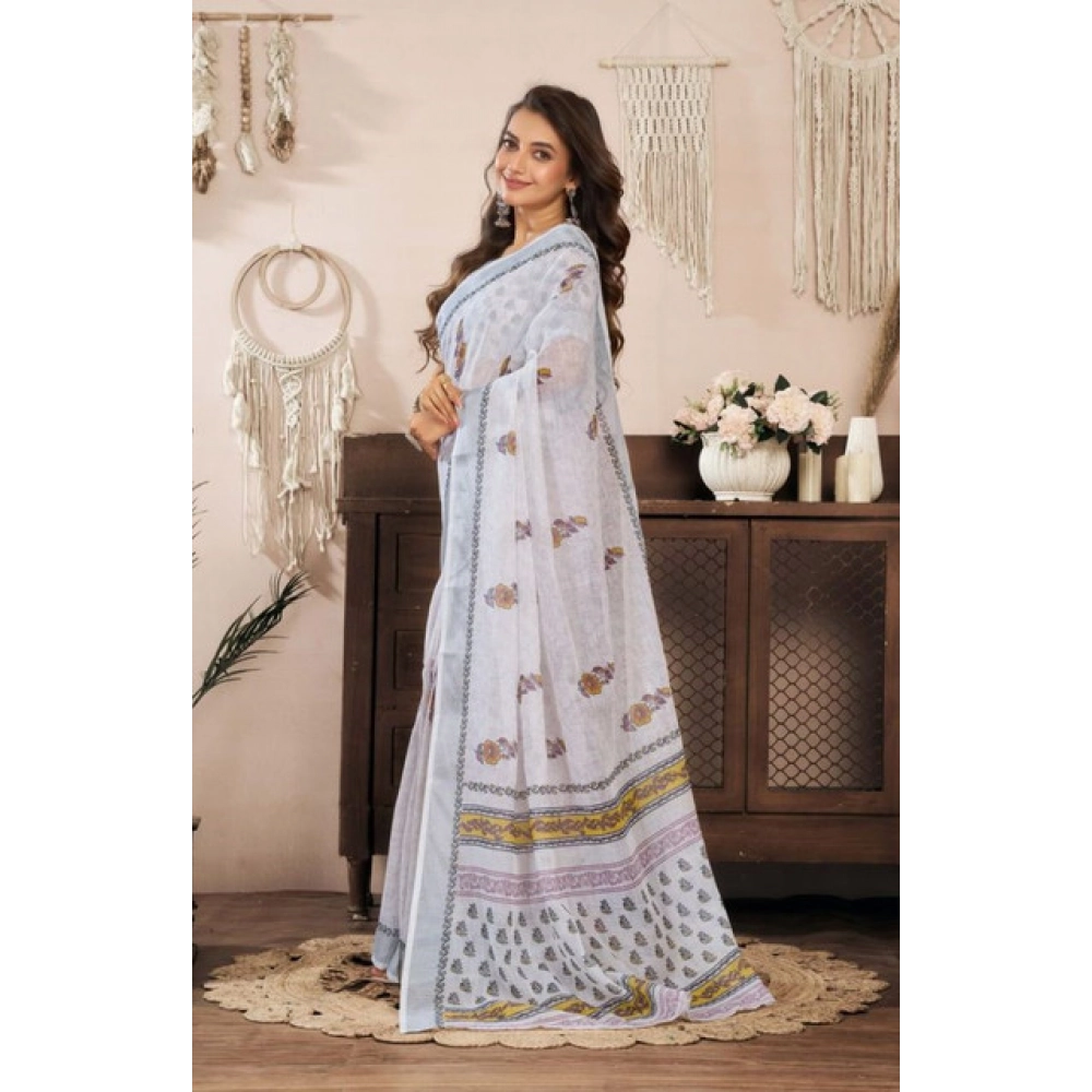 generic women's faux linen floral print ready to wear saree with unstitched blouse 5.5mtr (off white) generic women's faux linen floral print ready to wear saree with unstitched blouse 5.5mtr (off white)