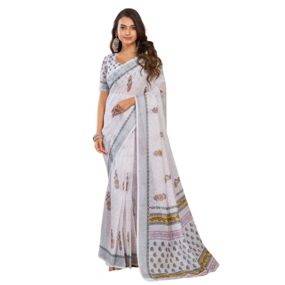 generic women's faux linen floral print ready to wear saree with unstitched blouse 5.5mtr (off white) generic women's faux linen floral print ready to wear saree with unstitched blouse 5.5mtr (off white)
