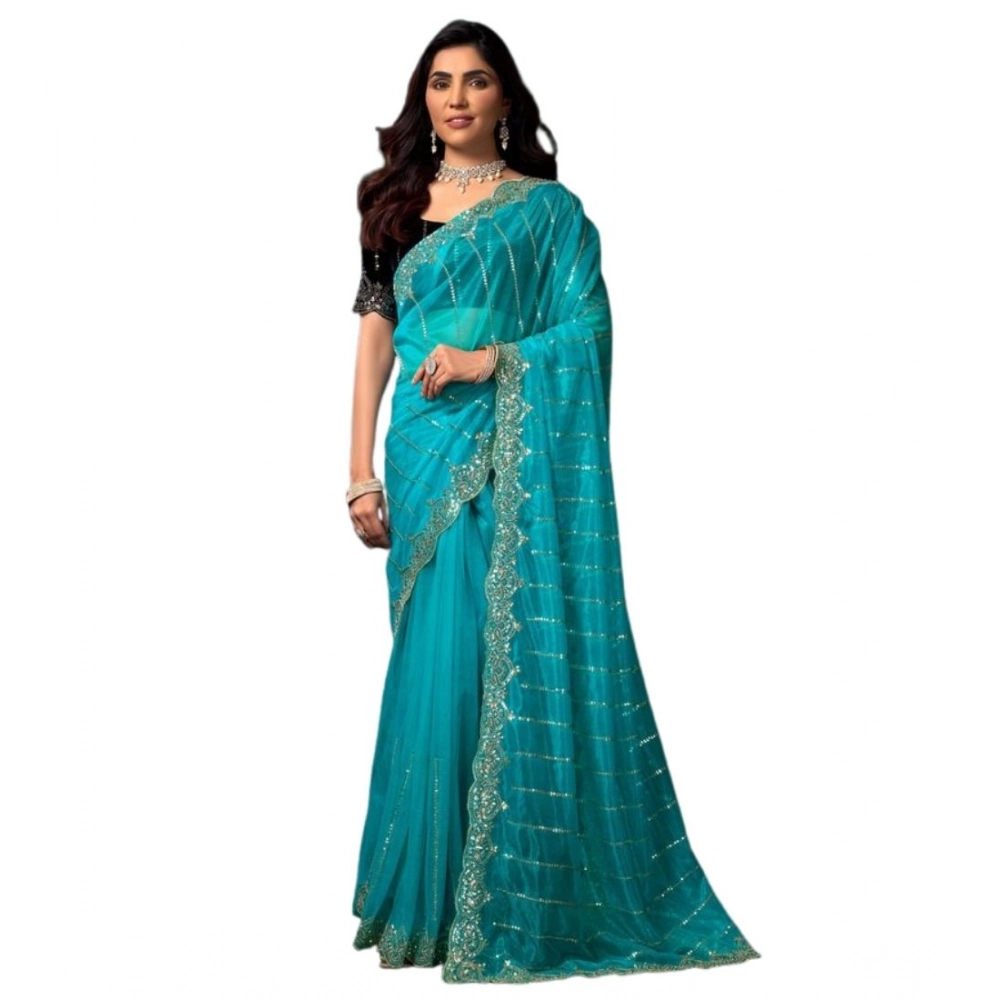 generic women's net sequence saree with unstitched blouse 5.5mtr (turquoise) generic women's net sequence saree with unstitched blouse 5.5mtr (turquoise)