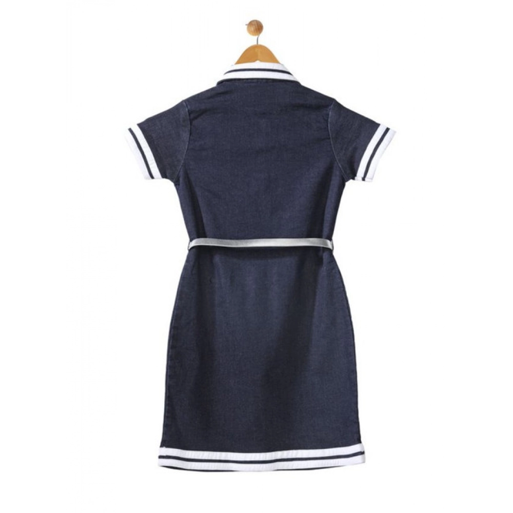 generic girl's denim lycra ribbed elasticated dress with belt (navy blue white) generic girl's denim lycra ribbed elasticated dress with belt (navy blue white)