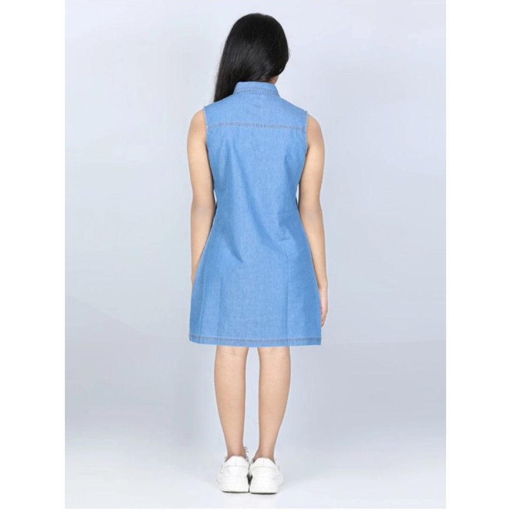 generic girl's denim solid cold shoulder dress (blue) generic girl's denim solid cold shoulder dress (blue)