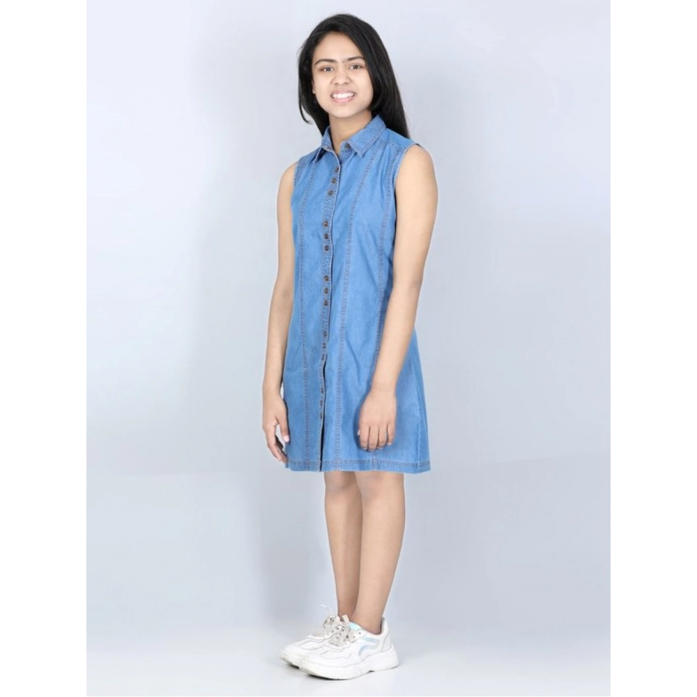 generic girl's denim solid cold shoulder dress (blue) generic girl's denim solid cold shoulder dress (blue)
