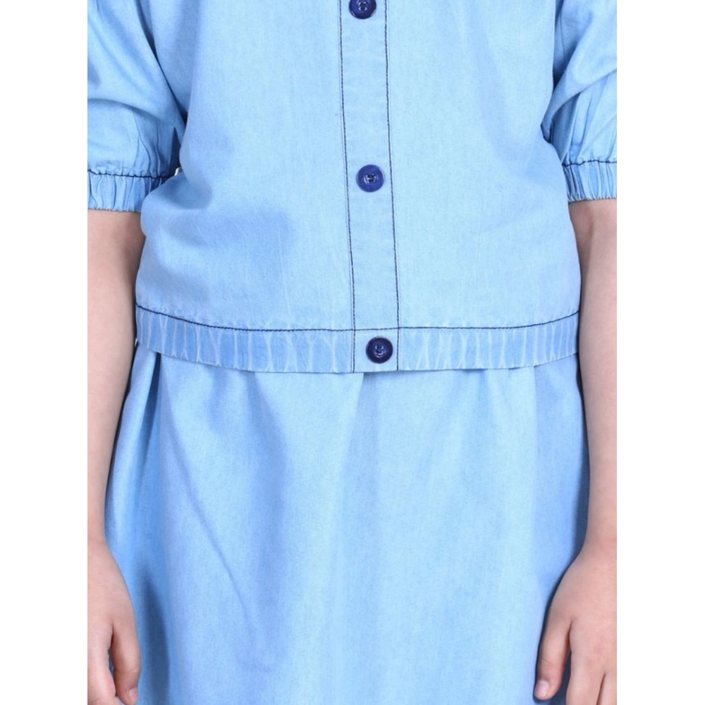 generic girl's denim solid cold shoulder top and skirt set (light blue) generic girl's denim solid cold shoulder top and skirt set (light blue)